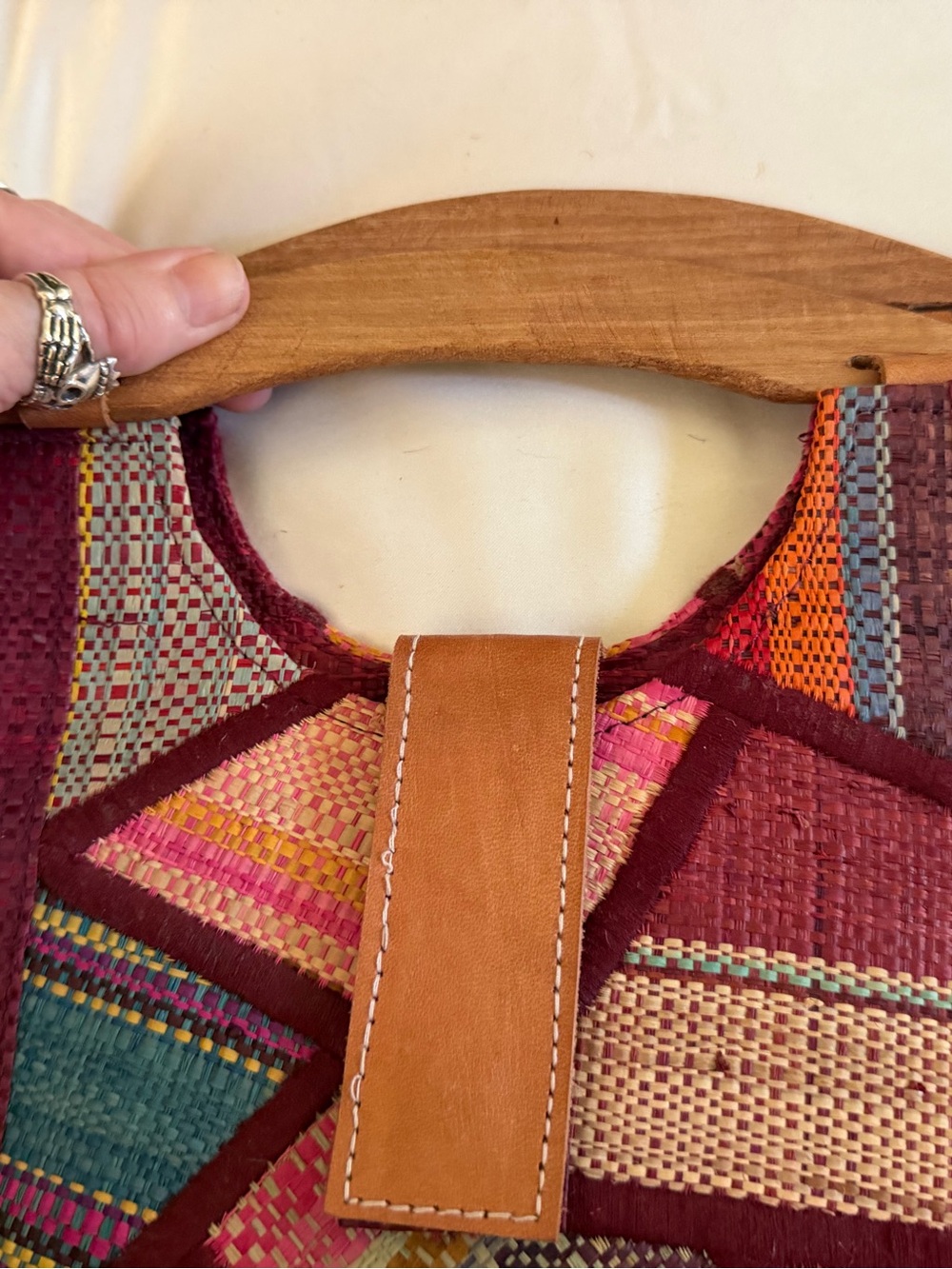 Boutique Kessie Kim WovenPatchwork w/D Shaped Wood Handle Leather Closure Bag - Picture 4 of 5